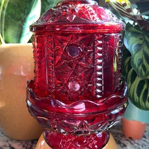 VTG Indiana Glass Fairy Light, Ruby Red Stars & Bars Excellent Condition